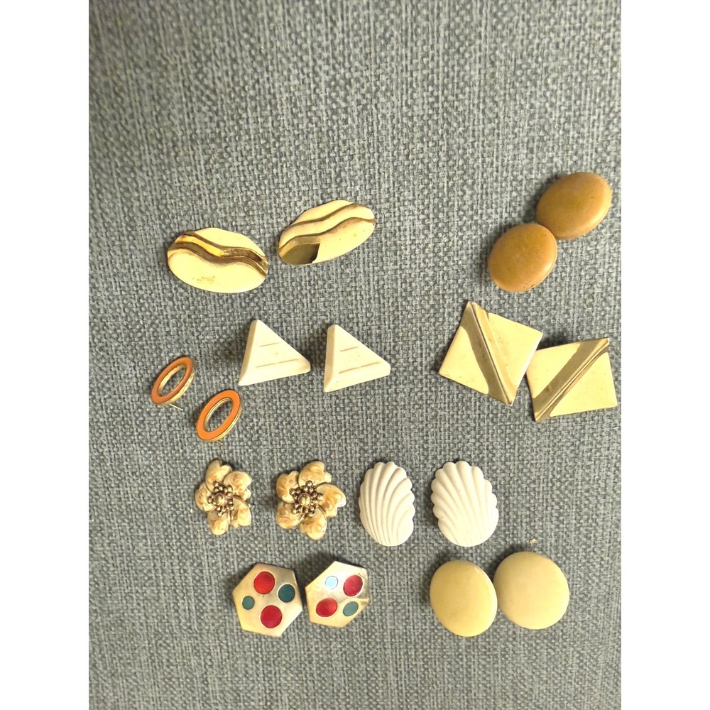 Vintage 80s 90s Geometric Stud Earring Lot 9 Pairs Enamel Floral Shell Gold Tone